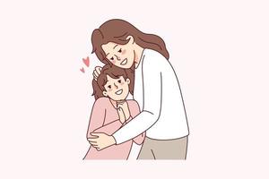 glücklich Mutter umarmen klein Tochter Show Liebe und Pflege. lächelnd jung Mama kuscheln Umarmung wenig Mädchen Kind. Mutterschaft und Elternschaft. Vektor Illustration.