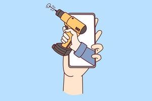 Person halten Smartphone mit Mechaniker auf Bildschirm. Konzept von online Reparatur und Festsetzung Handbuch. Vektor Illustration.