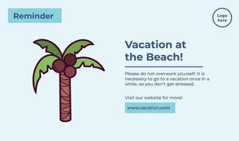semester på de strand med kokos handflatan träd vektor illustration dekoration med beskrivande texter isolerat på rektangel landskap mall. design för social media posta, baner, webb affisch, grafik.