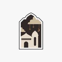 ramadan eid mubarak posta konst med boho båge. modern islamic mönster. kort med arab moské torn och måne. religiös Semester. natt landskap vektor