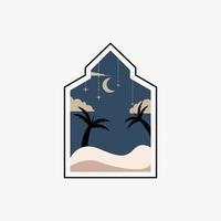 ramadan eid mubarak posta konst med boho båge. modern islamic mönster. kort med arab moské torn och måne. religiös Semester. natt landskap vektor