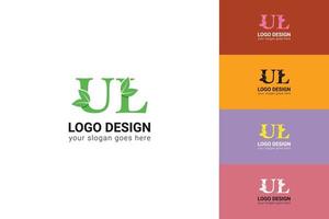 ul Briefe Öko Logo mit Grün Blatt. Ökologie Brief Logo. Vektor Schrift zum Natur Poster, Öko freundlich Emblem, vegan Identität, Kräuter- und botanisch Karten usw.