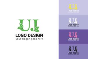 uj Briefe Öko Logo mit Grün Blatt. Ökologie Brief Logo. Vektor Schrift zum Natur Poster, Öko freundlich Emblem, vegan Identität, Kräuter- und botanisch Karten usw.