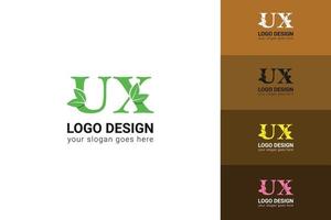 ux Briefe Öko Logo mit Grün Blatt. Ökologie Brief Logo. Vektor Schrift zum Natur Poster, Öko freundlich Emblem, vegan Identität, Kräuter- und botanisch Karten usw.