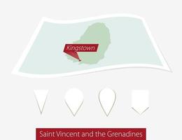 gebogen Papier Karte von Heilige Vincent und das Grenadinen mit Hauptstadt Königsstadt auf grau Hintergrund. vier anders Karte Stift Satz. vektor