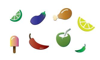 mat ikoner i lutning färger - äggplanta, kokosnötsvatten, citron, peppar, glass, kyckling-fry vektor