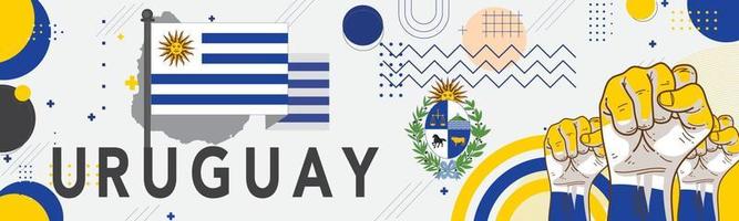 Banner Uruguay National Tag mit Uruguayisch Flagge Farben Thema Hintergrund und geometrisch abstrakt retro modern Blau Weiß Gelb Design. Uruguayisch Personen. Sport Spiele Unterstützer Vektor Illustration.