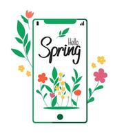 Frühling kam. Blumen im das Telefon. Frühling Beschriftung. Frühling Verkauf unterzeichnen. Frühling Karte. vektor