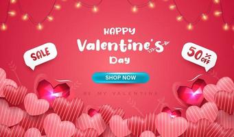 Happy Valentinstag Banner oder Hintergrund mit realistischen 3D-Herzen