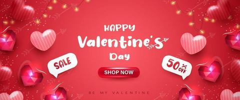 Happy Valentinstag Banner oder Hintergrund mit 3D realistischen Herzen