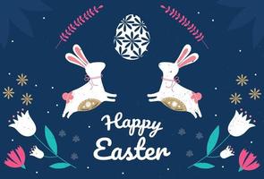 Ostern Tag Vektor Karte. Volk modern Stil Hintergrund mit Hasen und Eier auf Türkis Hintergrund mit Blumen. fertig Postkarte zum Design oder zum Geschenk geben.