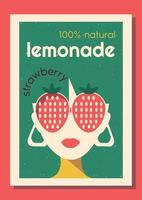 Vektor Etikette einstellen zum Limonade im retro Stil. Etikette Design zum Erdbeere, Zitrone und Orange Limonade mit Zeichen tragen groß Brille im 70er Jahre Stil groovig