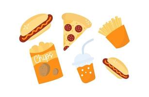 schnell Essen einstellen Illustration. Fritten, Chips, Hotdog, Pizza, Cocktail Karikatur Stil.