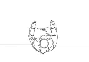 einer kontinuierlich Linie Zeichnung von Muslim Person erziehen und öffnen Hände beten, von oben Sicht. islamisch heilig Tag Ramadan kareem und eid Mubarak beten Konzept Single Linie zeichnen Design Vektor Illustration