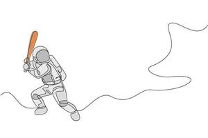 en kontinuerlig ritning av astronaut som spelar baseball i galaxen i rymden. spaceman hälsosam fitness sport koncept. dynamisk enkel linje rita grafisk design vektor illustration