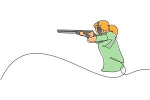 Eine einzelne Strichzeichnung einer jungen Frau, die übt, ein Ziel in Reichweite auf dem Schießtrainingsgelände zu schießen, Vektorgrafik-Illustration. tontaubenschießen sportkonzept. modernes Design mit durchgehender Linie vektor