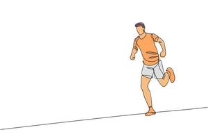 enda kontinuerlig linjeteckning ung smidig man löpare hobby att springa koppla av på fritiden. hälsosam livsstil koncept. trendiga en rad rita design vektor illustration grafik för att köra race promotion