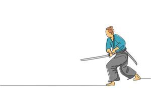 eine einzige strichzeichnung eines jungen japanischen samurai-kriegers, der ein katana-schwert hält, das in der grafischen vektorillustration des dojo-zentrums übt. kämpferisches Kampfkunstkonzept. modernes Design mit durchgehender Linie vektor