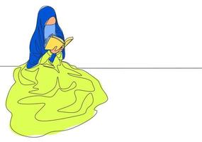 einer kontinuierlich Linie Zeichnung von jung ziemlich Saudi arabisch muslimah tragen Burka lesen ein Buch auf das Boden. traditionell islamisch Frau Niqab Kleid Konzept Single Linie zeichnen Design Vektor Illustration