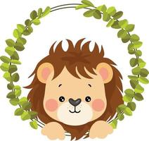 süß Löwe spähen aus von das Rahmen von Grün Blätter vektor