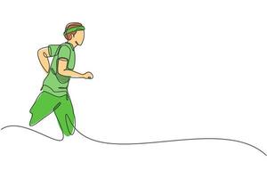 einer kontinuierlich Linie Zeichnung von jung sportlich Läufer Mann entspannen Laufen beim Landschaft. gesund Lebensstil und Spaß Joggen Sport Konzept. dynamisch Single Linie zeichnen Design Grafik Vektor Illustration