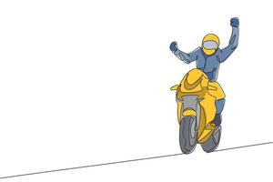 en enda linjeteckning av ung moto-cyklist fira vinsten med att räcka upp händerna vektorillustration. superbike racing koncept. modern kontinuerlig linje ritning design för motor racer händelse banner vektor