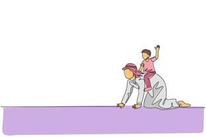Eine einzige Strichzeichnung eines jungen islamischen Jungensohns, der auf dem Rücken seines Vaters zu Hause spielt und reitet. glückliches arabisches muslimisches familienerziehungskonzept. modernes Design mit durchgehender Linienführung vektor