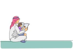 einzelne durchgehende Strichzeichnung des jungen arabischen Vaters sitzt auf dem Boden und liest der Tochter ein Geschichtenbuch vor. islamisches muslimisches glückliches familienvaterschaftskonzept. trendige einzeilige design-vektorillustration vektor
