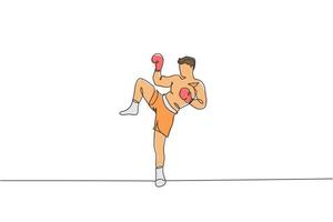 eine durchgehende strichzeichnung des jungen sportlichen muay thai boxermannes, der sich auf den kampf vorbereitet, haltungstritt in der boxarena. Kampfsport-Spielkonzept. dynamische Single-Line-Draw-Design-Vektorillustrationsgrafik vektor