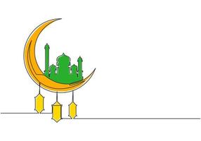 Ramadan kareem Gruß Karte, Poster und Banner Design Hintergrund. einer kontinuierlich Linie Zeichnung von islamisch Ornament Masjid und Laterne Lampe hängend auf Mond. Single Linie zeichnen Vektor Illustration