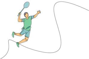 enda kontinuerlig linjeteckning av ung smidig badmintonspelare hoppa hit fjäderboll. sport träning koncept. trendiga en rad rita design vektorillustration för badminton turnering publicering media vektor