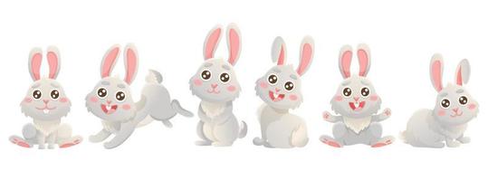 tecknad serie stor uppsättning av söt kaniner. baner med vektor illustrationer. vektor grå kanin är Sammanträde, Hoppar i söt poser