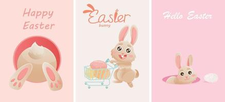 glücklich Ostern Gruß Karte mit süß Hase mit Eier und Blumen. Vektor Hase Charakter Satz. Tier Tierwelt Ferien Karikatur. Urlaub anständig Vektor Charakter