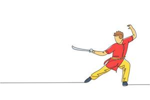 en kontinuerlig linjeteckning av ung wushu mästare man, kung fu krigare i kimono med svärd på träning. kampsport sport tävling koncept. dynamisk enda rad rita design grafisk vektorillustration vektor