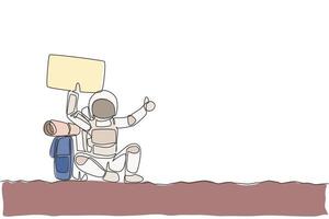 einzelne durchgehende Strichzeichnung eines Astronauten-Trampers, der Pappkarton hält, während er auf die Fahrt auf der Mondoberfläche wartet. Kosmonauten Weltraumkonzept. trendige einzeilige design-vektorillustration vektor