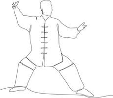 enda linje teckning av ung wushu kämpe, kung fu bemästra i enhetlig Träning tai chi ställningstaganden i dojo Centrum. bekämpa. trendig ett linje dra design vektor