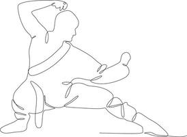 Single Linie Zeichnung von jung Wushu Kämpfer, Kung fu Meister im Uniform Ausbildung tai Chi Haltungen im Dojo Center. Streit. modisch einer Linie zeichnen Design Vektor