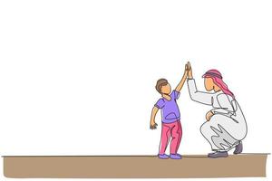 Eine einzige durchgehende Strichzeichnung eines jungen arabischen Jungen gibt seinem Vater eine hohe Fünf-Geste, glückliche Elternschaft. islamische muslimische familienpflege, vaterschaftskonzept. trendige einzeilige design-vektorillustration vektor