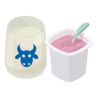 mejeri produkt ikon isometrisk vektor. packa av frukt yoghurt och glas av mjölk ikon vektor