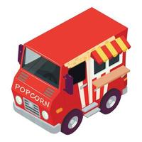 Popcorn Symbol isometrisch Vektor. hell rot Fahrzeug Verkauf Popcorn im Straße Symbol vektor