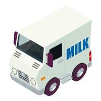 Milch Lieferung Symbol isometrisch Vektor. Milch Lieferung Bedienung LKW mit Molkerei Logo vektor