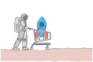 einzelne durchgehende Strichzeichnung eines jungen Astronauten, der den Einkaufswagen im Supermarkt schiebt und Raketenspielzeug kauft. Kosmonauten Weltraumkonzept. trendige Grafik mit einer Linie zeichnen Design-Vektor-Illustration vektor