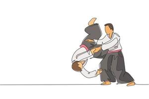 en enda linje ritning av två unga energiska män som bär kimono träning aikido slam teknik i sporthall vektor illustration. hälsosam livsstil sport koncept. modern kontinuerlig linje rita design