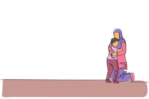 Eine durchgehende Strichzeichnung einer jungen glücklichen islamischen Mutter, die ihren Sohn voller Liebe und Wärme umarmt. arabische muslimische glückliche familienerziehungskonzept. dynamische einzeilige Zeichnungsdesign-Vektorillustration vektor