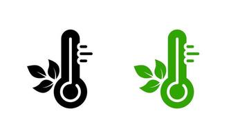 Temperatur Messung Instrument Öko Pflege Piktogramm. Thermometer Werkzeug im Celsius oder Fahrenheit mit Blatt Grün Silhouette Symbol Satz. bio Klima Steuerung Grad unterzeichnen. isoliert Vektor Illustration.