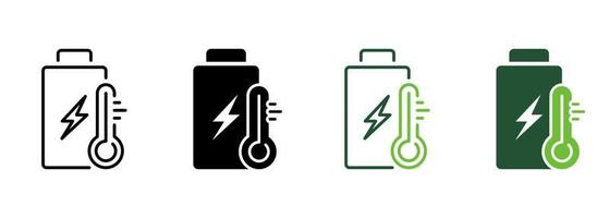 eco förnybar batteri kall eller värma temperatur linje och silhuett ikon uppsättning. ackumulator med termometer piktogram. elektrisk grön energi symbol samling. isolerat vektor illustration.