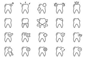 Zahn Linie Symbol Satz. Oral Pflege und Hygiene. Dental Behandlung. Zahnschmerzen, Karies, bleichen, Reinigung Zähne linear Piktogramm. Zahnheilkunde Gliederung Symbol. editierbar Schlaganfall. isoliert Vektor Illustration.