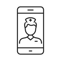 läkare uppkopplad samråd. avlägsen virtuell läkare man piktogram. läkarbesök service i smartphone linje ikon. sjukvård i mobil telefon översikt symbol. redigerbar stroke. isolerat vektor illustration.