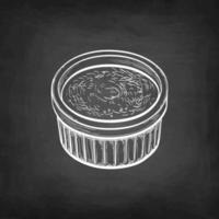 creme brulee. krita skiss på svarta tavlan bakgrund. hand dragen vektor illustration. retro stil.