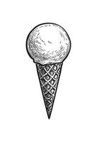 einer Scoop von Eis Sahne im ein Waffel Kegel. Tinte skizzieren isoliert auf Weiß Hintergrund. Hand gezeichnet Vektor Illustration. retro Stil.